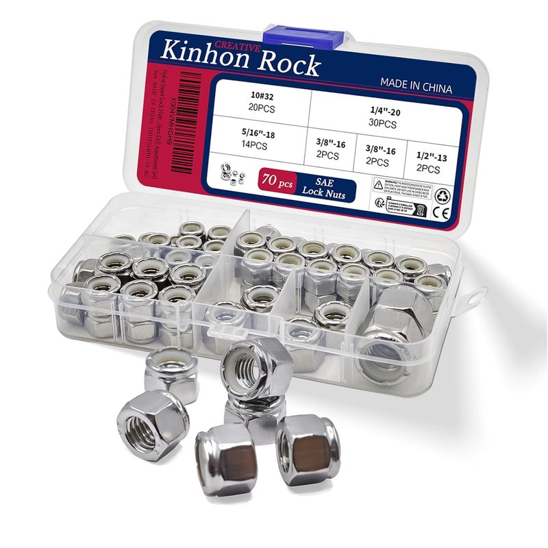KINHON 70pcs SAE Lock Nuts Assortment Set Nylon Insert 304 Stainless Steel Hex Lock Nuts Kit 10#32 1/4"-20 5/16"-18 3/8"-16 1/2"-13 with Box Reusable for DIY Home Automotive Industrial - Image 1